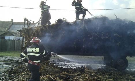 Un tractor încărcat cu porumb a luat foc în mers